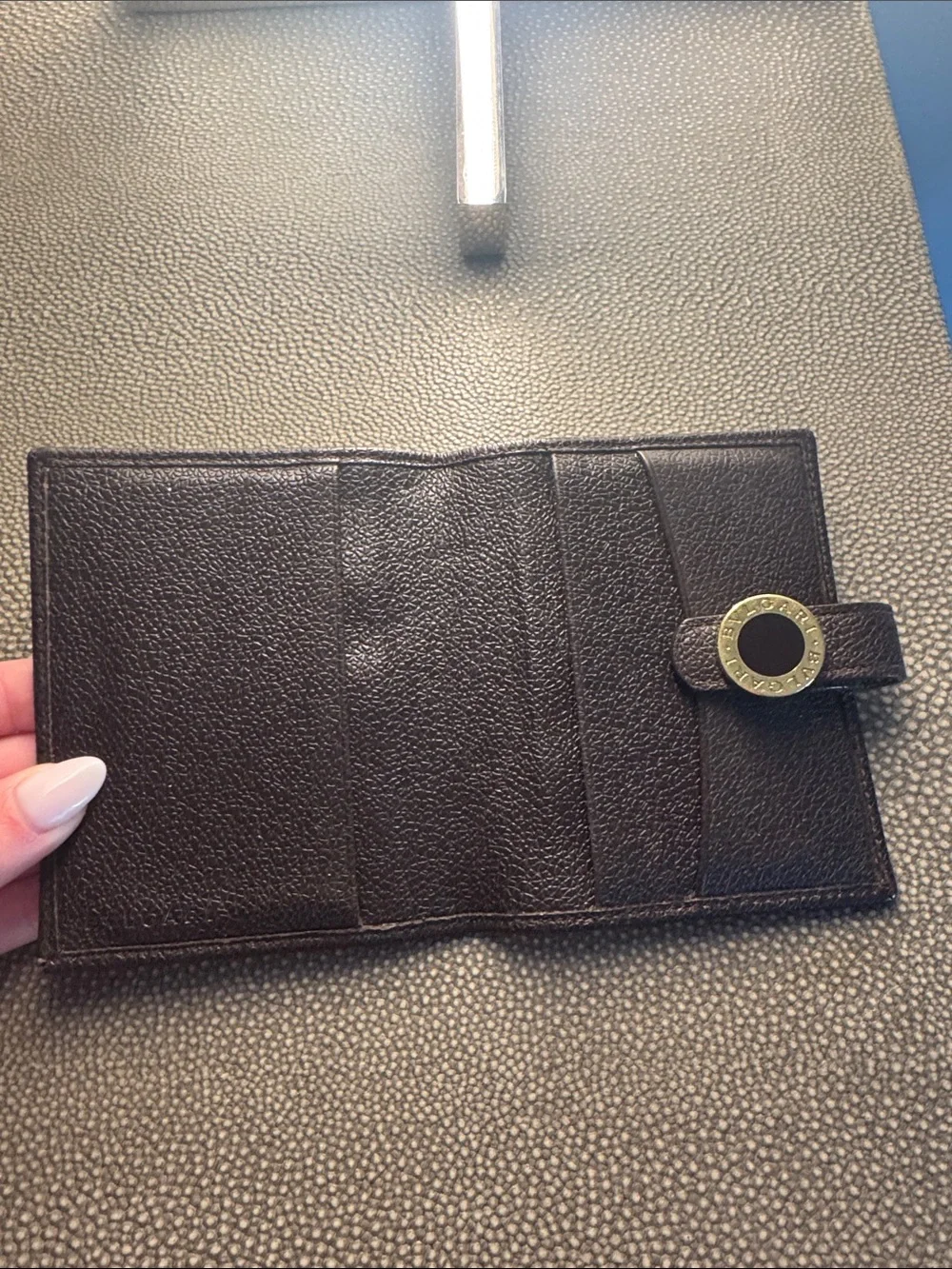 BVLGARI Dark Brown Pebbled Leather Card Holder with Gold Ring